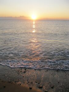 A photograph of the sun rising over the sea, taken from a beach. The sunlight reflects pink and orange off the water and the sea foam rushes in to cover the wet sand.