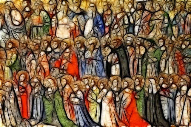A piece of Christian art showing abstract religious figures in a mix of blues, reds, greens and black.