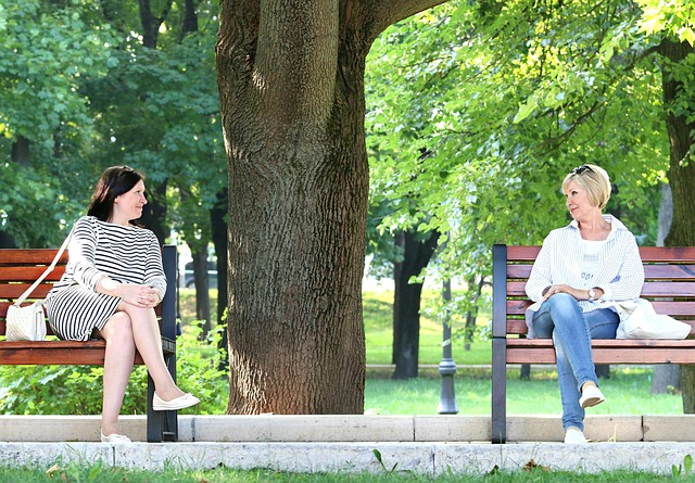 Two women smiling Two women smiling at each other in a park. They are sitting next to each other but on separate benches. It's a sunny day.